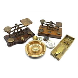 Two sets of Postal Scales by S. Mordan & Co. and John Heath, brass cased curling iron heater, Pyramid Night Light's lamp base, bronze ashtray etc 