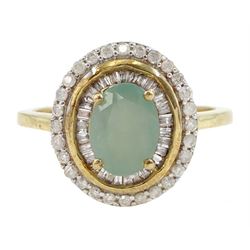 9ct gold oval green stone, baguette and round brilliant cut diamond cluster ring, hallmarked 