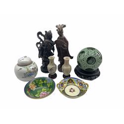 Two Chinese carved figures, Chinese green hardstone puzzle ball on stand, Noritake dish, ginger jar, Cloisonné bowl etc 