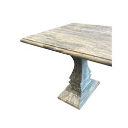 Classical Grecian design grey and orange veined marble centre table, the rectangular single slab top with rounded corners and carved edge, raised on twin pedestals comprised of three pieces with a waisted column on a stepped plinth