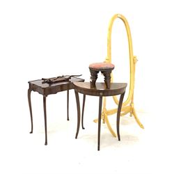 Painted pine cheval dressing mirror (H147cm) together with a cross banded mahogany demi lune side table (W61cm) a mahogany serpentine occasional table (W62cm) and a small upholstered foot stool  (d25cm)