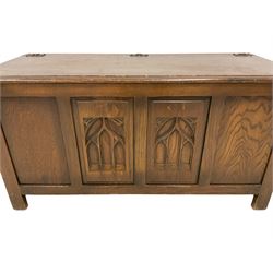 17th century design oak blanket chest, rectangular hinged top, front panels carved with foliate arches