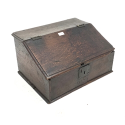 18th century oak bible box with hinged slope and scratch carved initials and decoration W53cm