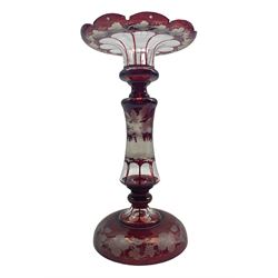 19th century Bohemian ruby flash cut glass table lustre, the central column etched with a stag in a woodland setting, and grapes & vine leaves to the base, lacking drops H26cm