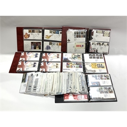 Great British Queen Elizabeth II first day covers in five ring binder albums and loose, dating from the late 1990s to 2019, many with printed address labels attached to the front of the cover, many with special postmarks, a well presented collection