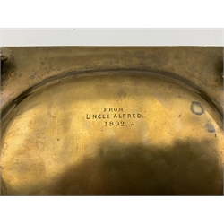 Late 19th century rectangular bronze tray with canted corners, engraved centrally with three birds perched on a branch, with a border pattern of fruiting foliage, on four shell supports, inscribed beneath 'From Uncle Alfred 1892', L26cm x W18cm