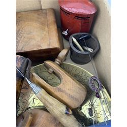 Eastern brass bowl, Art Deco box, tin letter box money tin, pair of stirrups, treen, tin boxes, deer hoof letter opener and miscellanea in one box