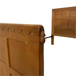 Mouseman - 4' small double bedstead, the head and footboard panelled with arcade carved cresting rail, carved with mouse signature, by the workshop of Robert Thompson, Kilburn