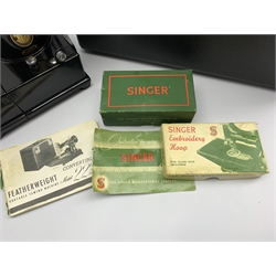 Singer Featherweight portable electric Sewing machine Model No.222k, complete in original case with mechanical parts, embroidery hoop, instruction manuals and other accessories 
