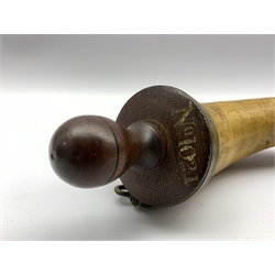 19th century horn powder flask with metal mounts inscribed 'Honble. East India Compy Pattern Powder Horn for Shipping E Baker 1821', the wooden top numbered 1021 