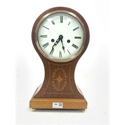 Edwardian inlaid mahogany balloon mantle clock, white enamel dial with Arabic chapter ring, twin train eight day movement W22cm