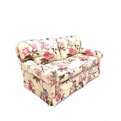 Wesley-Barrell two seat sofa upholstered in floral fabric with feather cushions, raised on castors W175cm, Hight to seat 53cm