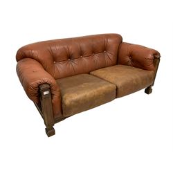 Mid-20th century oak frame two-seat settee, with burnt orange leather buttoned seat and back