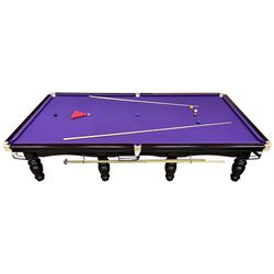 Riley - full-sized 12' x 6' slate bed snooker table, mahogany frame with purple baize, raised on turned and fluted baluster supports, recently refurbished; together with, cues, scoreboard, cover, snooker and pool balls

Viewing by appointment at the Vine Street Saleroom, Scarborough. 