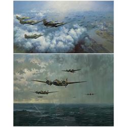 Frank Wootton (British 1911-1998): 'Battle of Britain Memorial Trust 60th Anniversary', limited edition colour print No. 18/500  signed in pencil by the artist and WWII BOB pilots; Gerald Coulson (British 2026-2021): 'The First Blow', limited edition colour print No. 657/1089 signed in pencil by the artist and flight lieutenant George Booth max 46cm x 68cm (2)