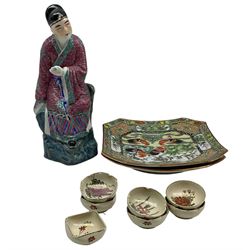 Pair of Chinese cockerel painted canted dishes, Japanese figure and a set of seven Japanese Satsuma miniature bowls 