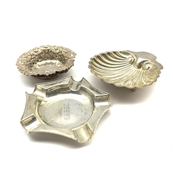 Victorian silver shell shape butter dish London 1893, late Victorian silver sweetmeat dish, another similar and a silver ashtray 5oz