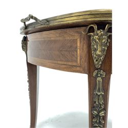 Early 20th century walnut occasional table, the top with floral marquetry, satinwood band, rosewood cross band and moulded brass border over quarter sawn frieze, raised on splayed supports with gilt mounts in the form of rams heads, terminating in sabot feet 72cm x 48cm, H52cm