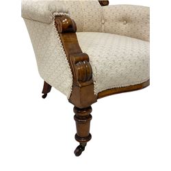 19th century walnut spoon-back armchair, moulded upper frame with scroll carved terminals, upholstered in buttoned ivory fan patterned fabric, on turned front supports with brass and ceramic castors