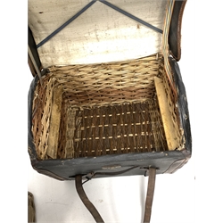 Early 20th century dome topped and canvas covered wicker basket, with lift out tray to interior (W61cm) together with a canvas covered pine box, initialled 'W.E.W.' (W76cm) and two wicker baskets (W74cm)