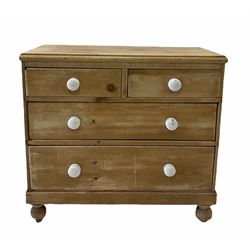 Victorian pine chest, fitted with two short and two long graduated drawers, raised on turned supports W90cm, H82cm, D43cm