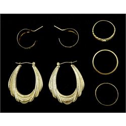 9ct gold jewellery including two pairs of hoop earrings and three rings, all hallmarked