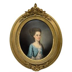 Circle of Thomas Hickey (Irish 1741-1824): Half Length Portrait of Aristocratic Lady in Blue Gown, oval oil on canvas unsigned, label verso, housed in ornate gilt frame 29cm x 24cm