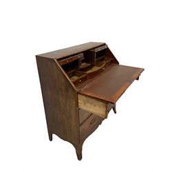 19th century mahogany bureau, the fall front opening to reveal fitted interior with drawers and pigeon holes, over three graduated cock beaded drawers and shaped apron, raised on splayed supports W102cm, H110cm, D50cm 