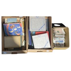 Three Coalport limited edition commemorative plates; two Illustrated London News British Airforces books; scrapbook of plates, other reference books etc. quantity of mid century post cards, mostly of art interest, together with Map Building Puzzle, vintage children's books etc in three boxes
