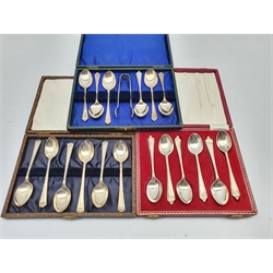 Set of six silver tea spoons with arched finials Birmingham 1948, another set initialled 'R' Sheffield 1953 and another set of six silver tea spoons with associated tongs, all boxed
