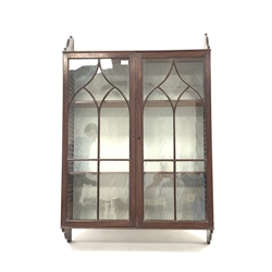 19th century mahogany wall hanging display cabinet, with Gothic arched tracery glazed doors enclosing two adjustable shelves, W79cm, H119cm, D24cm