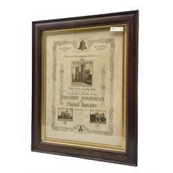Membership certificate of the Yorkshire Association of Change Ringers 1926 in oak frame 48cm x 35cm