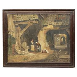 W Bunch (British 19th century): Milkmaids in the Street with Cat, oil on board signed 52cm x 40cm