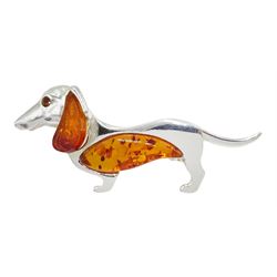 Silver amber dachshund brooch, stamped 925