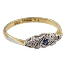 18ct gold lovebird charm, three 9ct gold charms including dolphin, spinning wheel and jug and a 9ct gold Art Deco sapphire and diamond chip ring