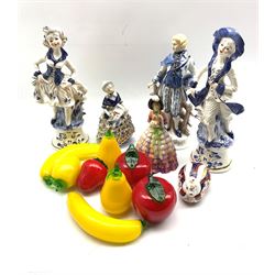 Various Continental pottery figures, glass fruit, Rosina China Monica figure etc