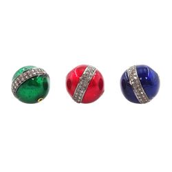 Three silver diamond set blue, green and red enamel beads, total diamond weight approx 0.75 carat