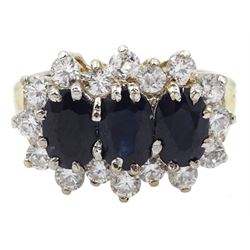 9ct gold three stone oval sapphire and cubic zirconia cluster ring, hallmarked