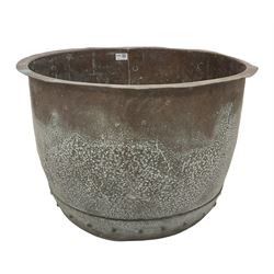 19th century riveted copper cauldron of cylindrical form with Verdigris finish D56cm