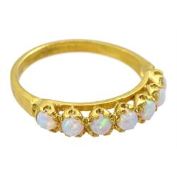 Silver-gilt seven stone opal ring, stamped 925 