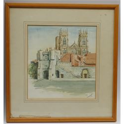 Leslie Arthur Albert Blomfield (British 1920-1998): 'York Minster South Transept circa 1865', watercolour and pencil signed titled and dated 1988, dedication label verso 35cm x 40cm; Tessa Arnold: Bootham Bar, watercolour signed and dated 1974, 22cm x 21cm (2)