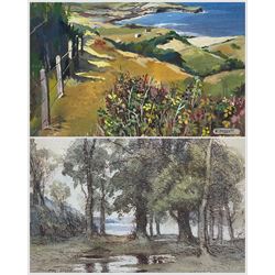 William Dodd (British 1908-1981): 'By the Lakeside - Coniston', watercolour and pen signed, titled verso 24cm x 34cm; K Doggett (British 20th century): Summer Coastline Landscape, gouache signed 24cm x 30cm (2)
