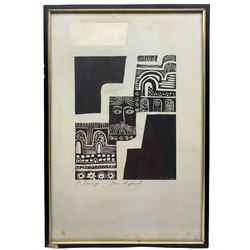 English School (20th century): Abstract and Folklore, linocut indistinctly signed and titled 25cm x 20cm