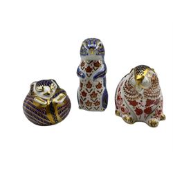 Three Royal Crown Derby paperweights comprising a Chipmunk dated 1993, Doormouse, 1993 and Beaver, 1995 (3)