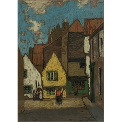  James Wright  (Scottish 1885-1947) Street  scene with figures, pastel, signed and with Gordon's Gallery label verso inscribed 'York' 37cm x 27cm