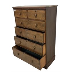 Large Victorian mahogany straight-front chest, rectangular moulded top, fitted with two short over four graduating long cock-beaded drawers, each with turned handles, lower moulded edge over bracket feet
