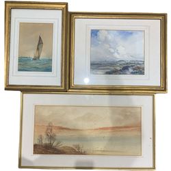 English School (20th century): Marshy Wetland Landscape, watercolour indistinctly signed 24cm x 28cm together with a watercolour of a sailing boat and watercolour of a bay by different hands (3)