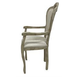 Set seven (5+2) dining chairs, arched cresting rail with upholstered back and seat decorated with cream foliate pattern (55cm x 56cm x 106cm)