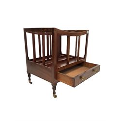 Regency mahogany Canterbury, with two divisions and single drawer, raised on turned supports with brass cup castors W45cm