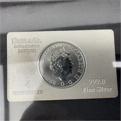 'The 2017 5oz Silver Bullion Coin Bar', formed from a Queen Elizabeth II 2017 one ounce fine silver Britannia surrounded by a Baird and Co four ounce fine silver ingot, cased with certificate